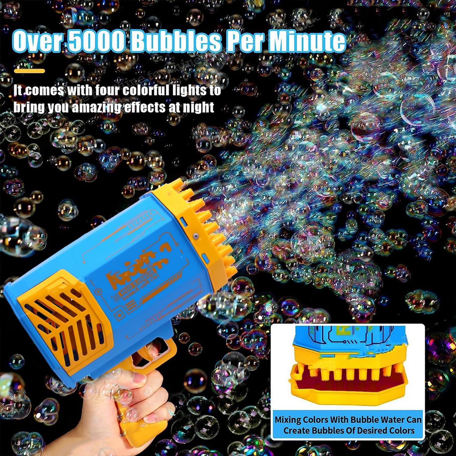 Angled view highlighting the numerous 69 bubble holes of the powerful party bubble maker.