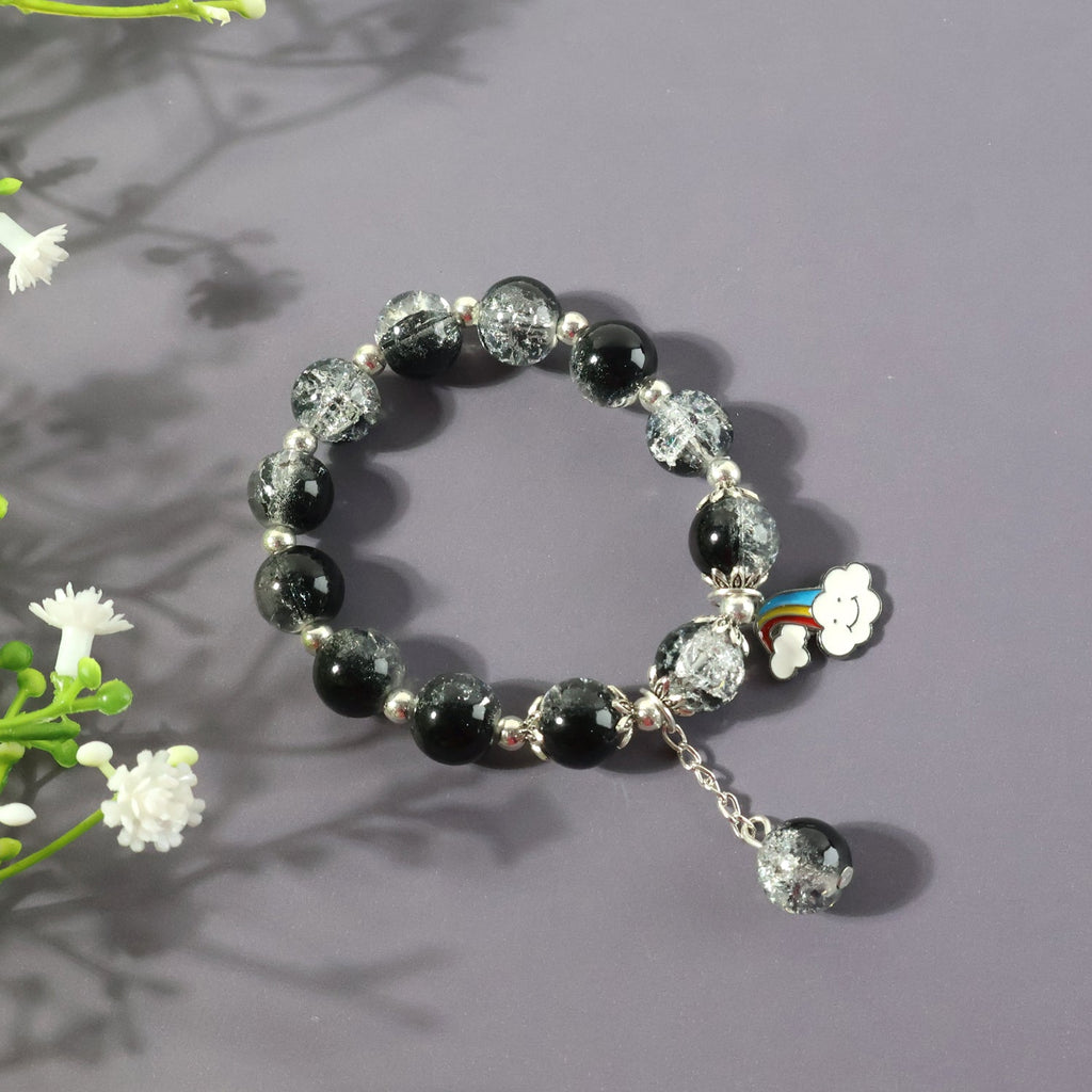 Black and crystal beaded charm bracelet with cloud and rainbow charm
