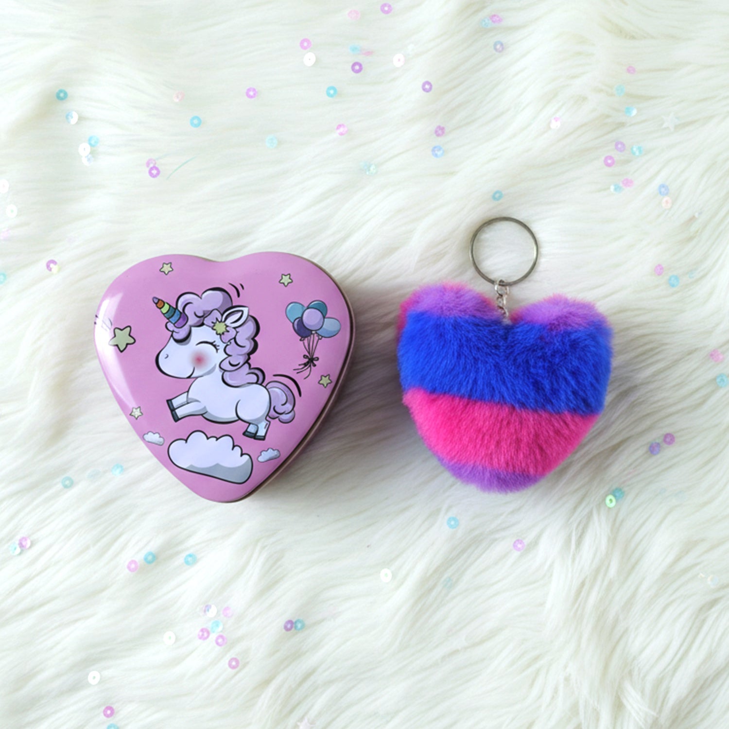 Heart shape gift box and plush keychain set showcasing cartoon print and soft furry heart keychain