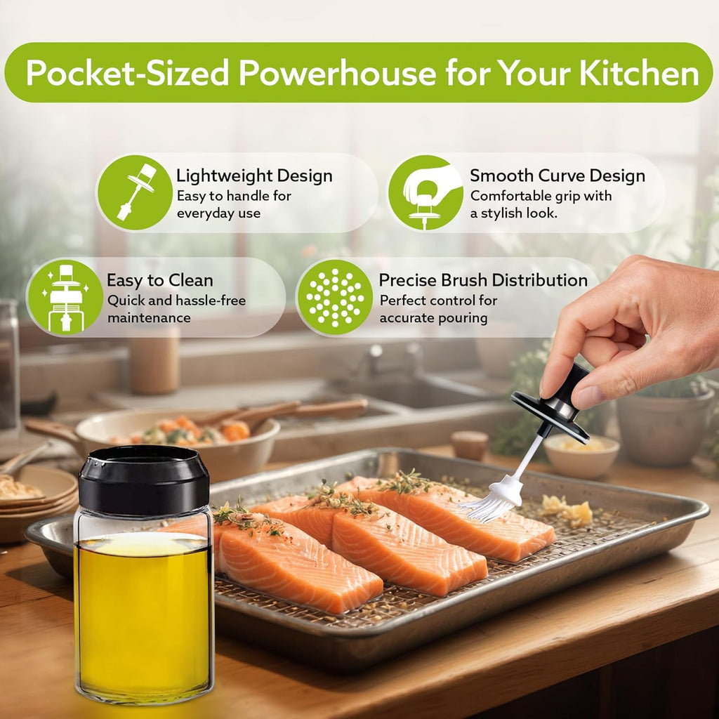 Transparent oil dispenser bottle with integrated silicone brush applicator