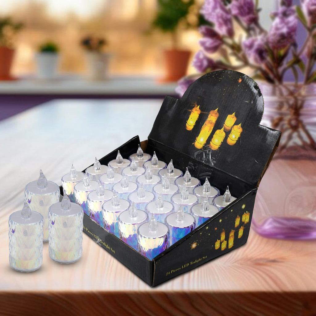 A set of 24 flameless LED tea light candles glowing warmly for Diwali decor.