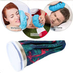 An elderly person gently placing the cold compress bag on their shoulder.