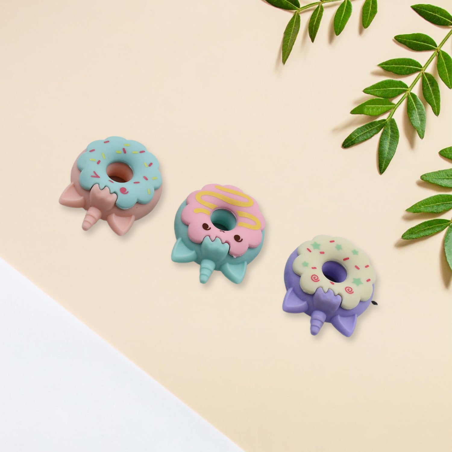 Vibrant 3pc Donut Erasers set for kids' school stationery.