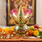 Decorative set displaying traditional pooja kalash for festive home temple decoration
