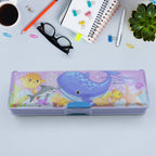 Top-down view of the double-compartment cartoon pencil case.