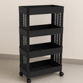A 4-layer plastic storage rack, ideal for kitchen or bathroom, shown with wheels for easy movement.