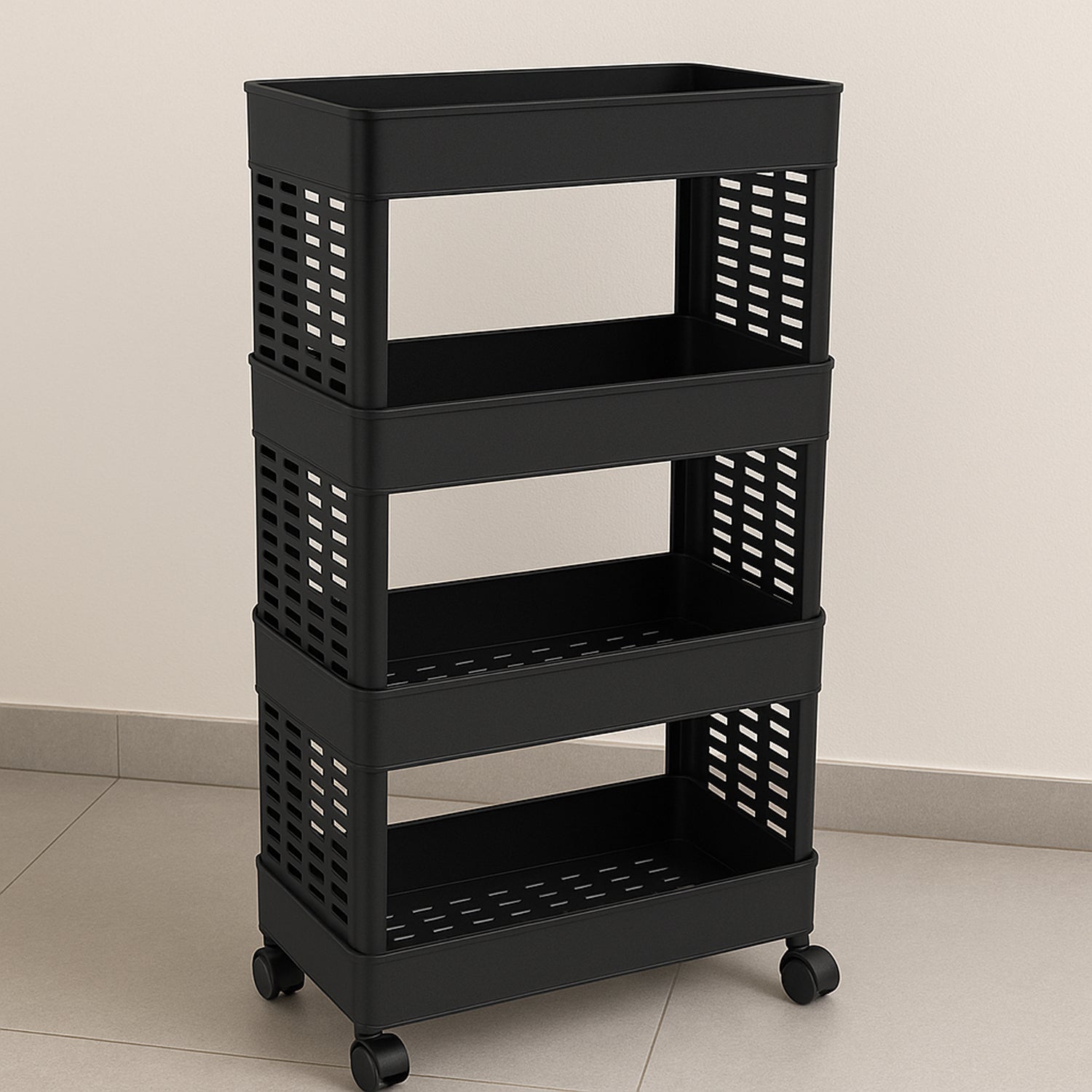 A 4-layer plastic storage rack, ideal for kitchen or bathroom, shown with wheels for easy movement.