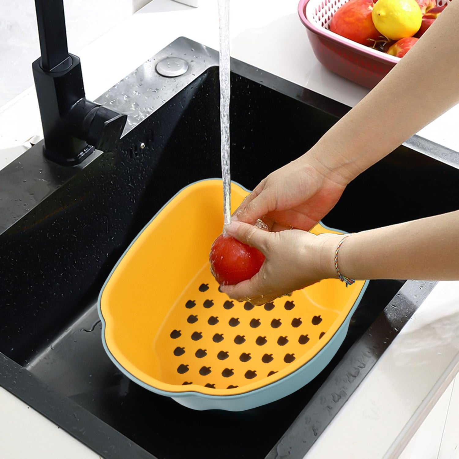 Round ergonomic pepper shape washing bowl with deep strainer basket