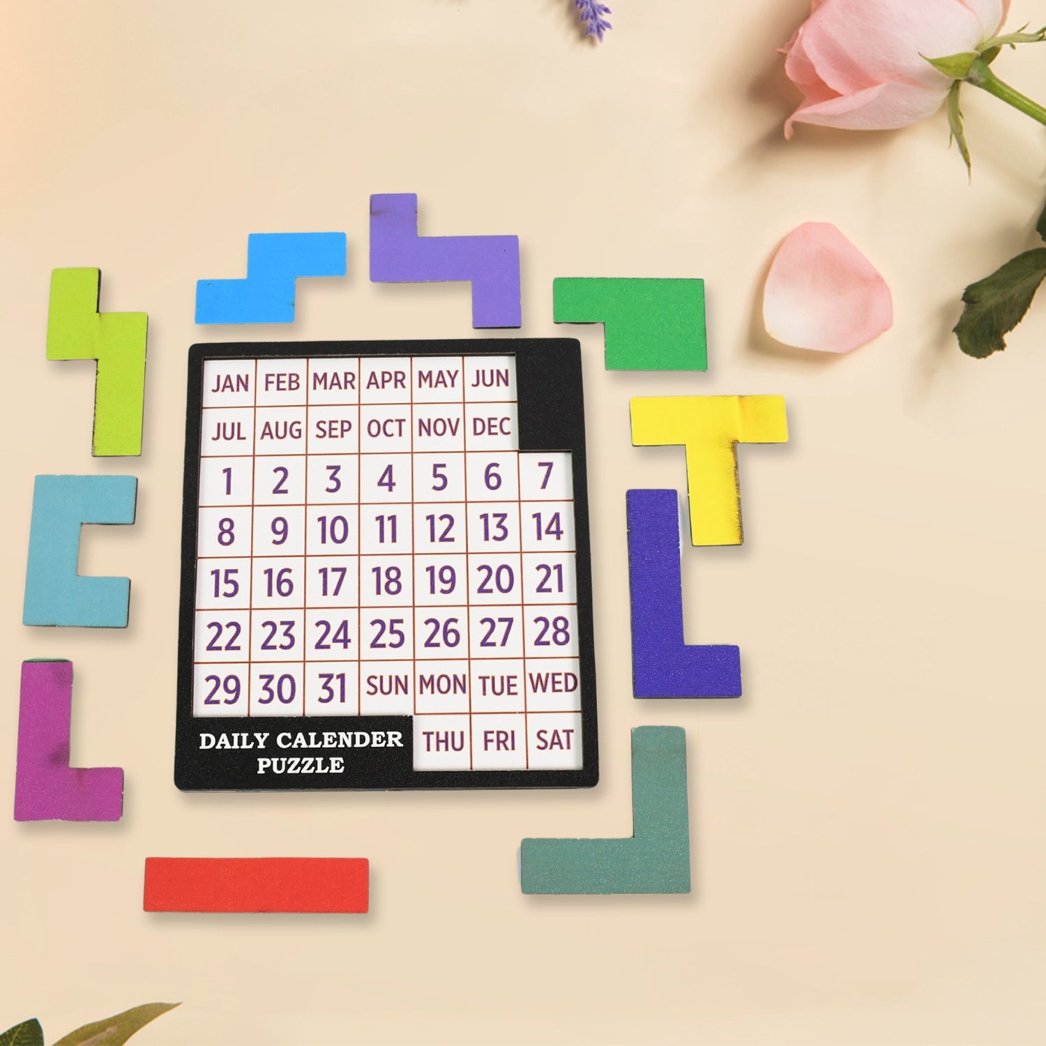 Multicolor Wooden Daily Calendar Puzzle displayed on a clean desktop, ready for a mind challenge.