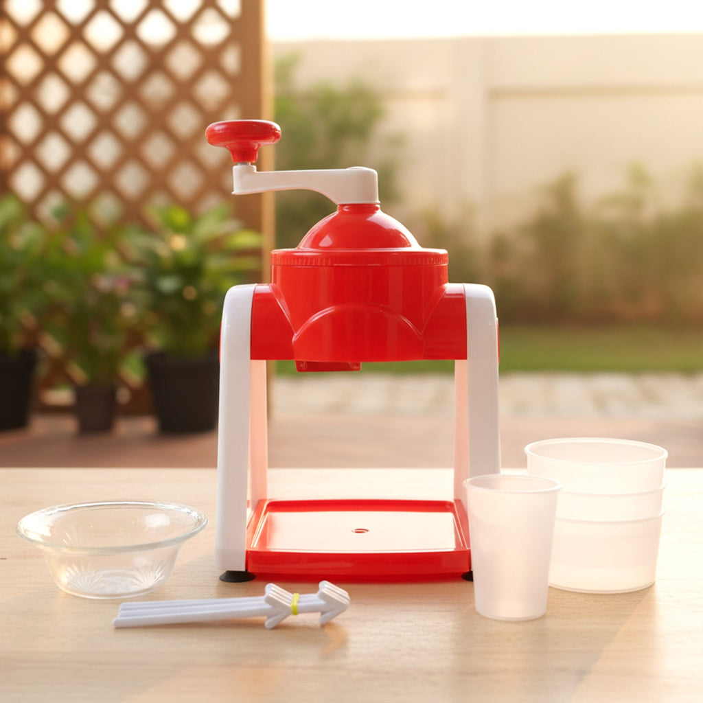 Hand operated ice slush maker in use crushing ice cubes efficiently