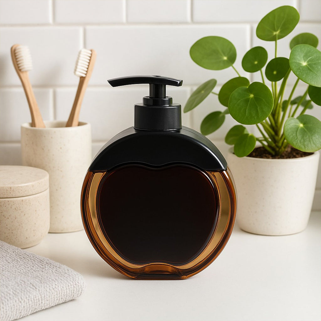 Refillable liquid soap dispenser with apple-shaped amber body and black pump