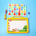 Kids writing board set displaying magnetic letters and numbers on double-sided whiteboard and blackboard