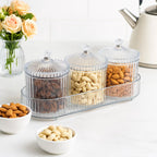 3-piece clear ribbed dry fruit storage jars set with tray on kitchen countertop