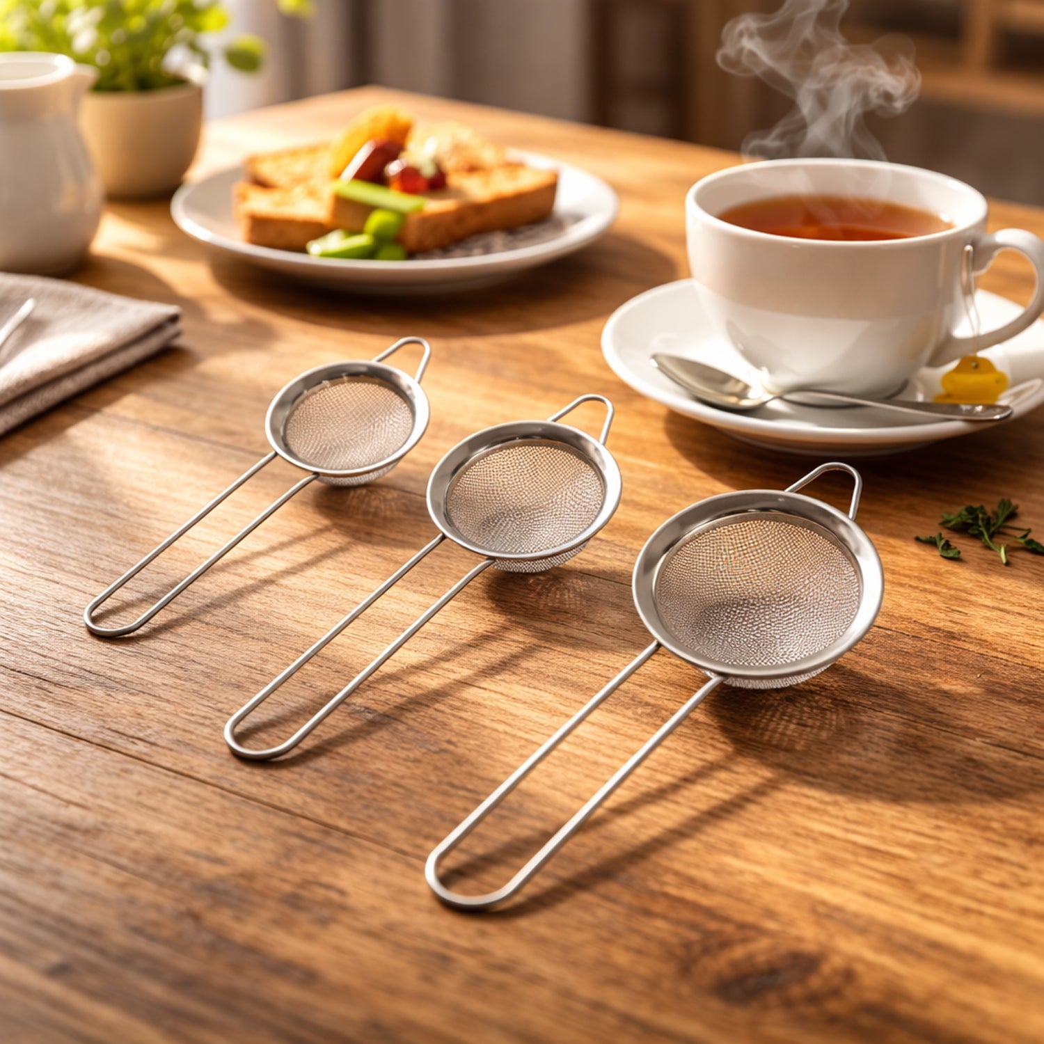 Stainless steel tea strainer 3-piece set with fine mesh and long handles