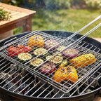 Close-up of rectangular mesh grill basket for even heat distribution