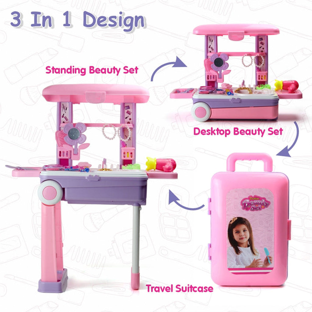 Young girl happily playing with the portable beauty set trolley and its accessories.