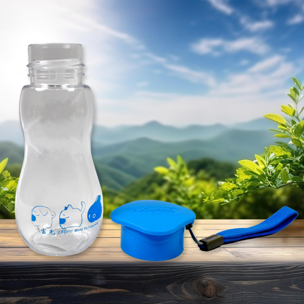 Clear plastic travel water bottle with a black carry strap, highlighting its sleek design.