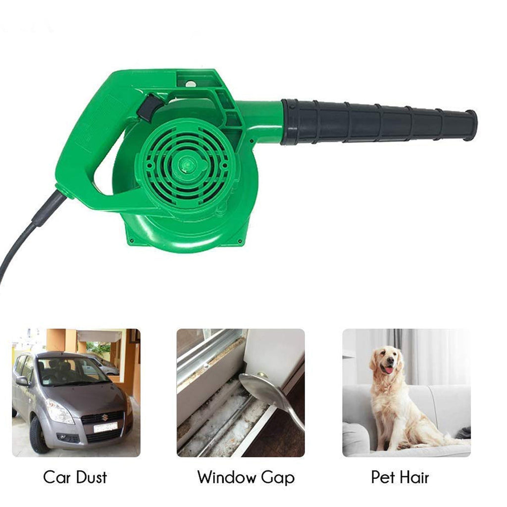 User demonstrating the green air blower effectively cleaning leaves from a patio.