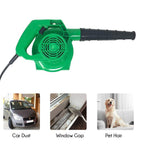 User demonstrating the green air blower effectively cleaning leaves from a patio.