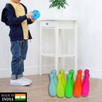 Detailed view of the durable plastic components of the educational toy for children bowling set.