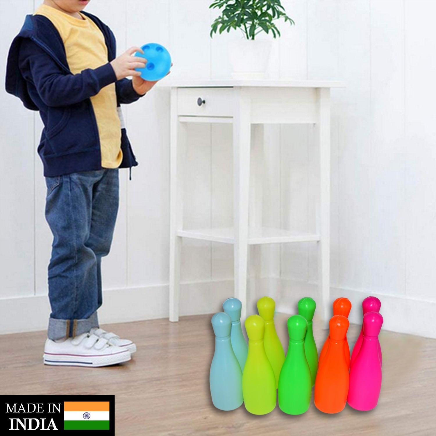 Detailed view of the durable plastic components of the educational toy for children bowling set.