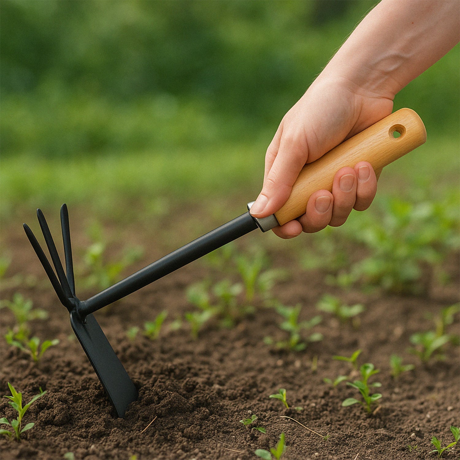 The 2-in-1 double hoe acts as both a garden hoe and a soil cultivator, with a wooden handle.