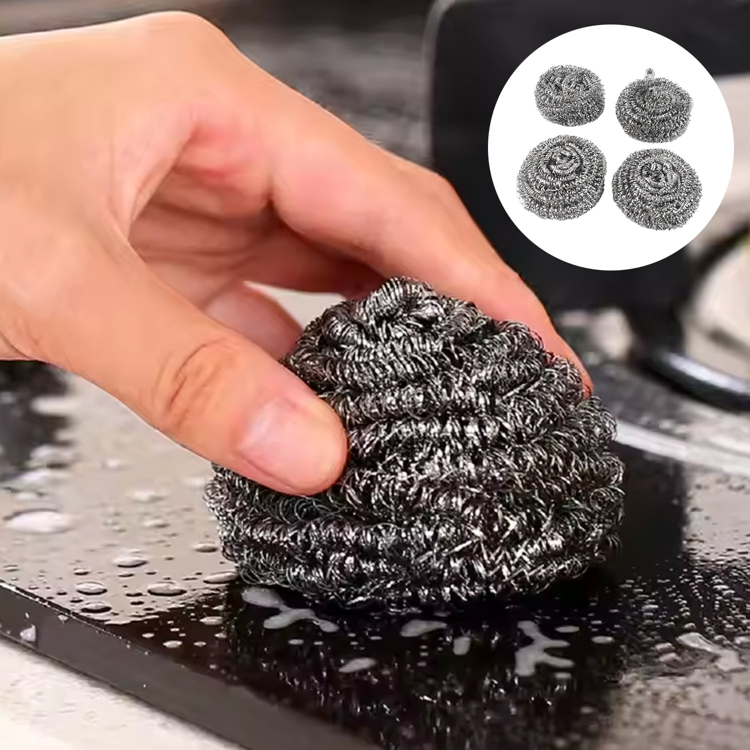 Multipurpose kitchen cleaning set featuring assorted color stainless steel scrubbers