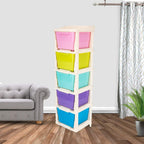 Stackable design of the modular plastic drawer storage unit, emphasizing space-saving.