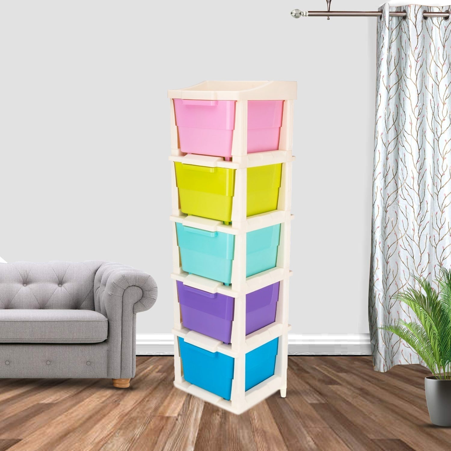 Stackable design of the modular plastic drawer storage unit, emphasizing space-saving.