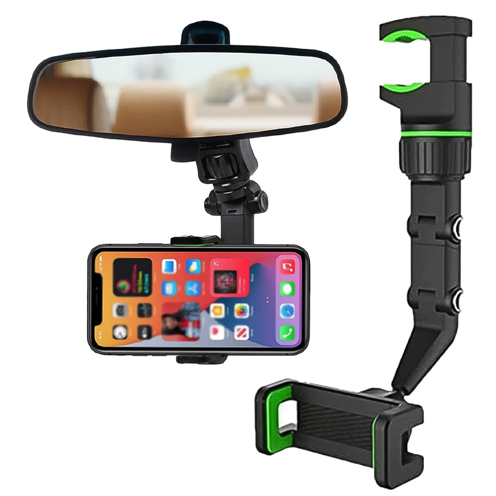 Multifunctional car rear view mobile holder with phone mounted, showcasing easy visibility.