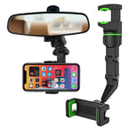 Multifunctional car rear view mobile holder with phone mounted, showcasing easy visibility.