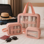 Three different sizes of the Cosmetic Pouch Set arranged neatly, showcasing their capacities.
