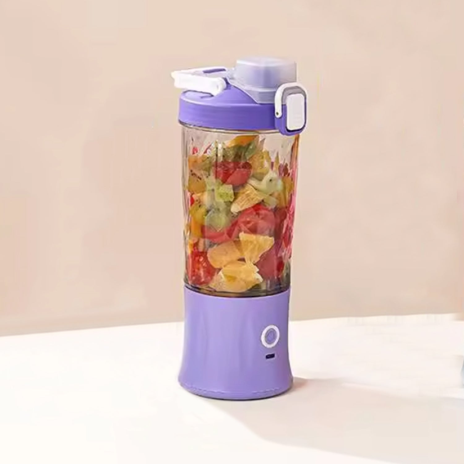 The portable juicer connected to its USB charging cable, highlighting its convenience.