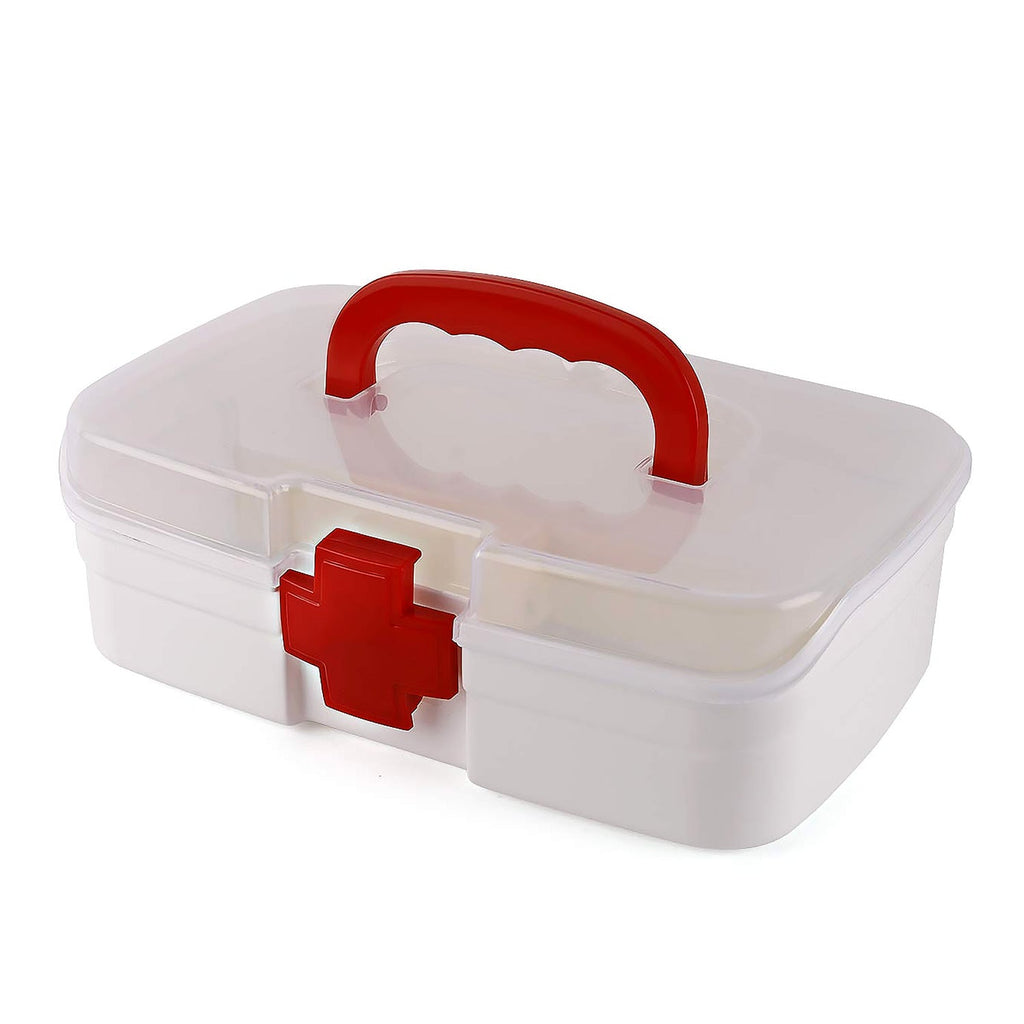 Closed white First Aid Box displaying its clear lid, carrying handle, and red cross symbol.