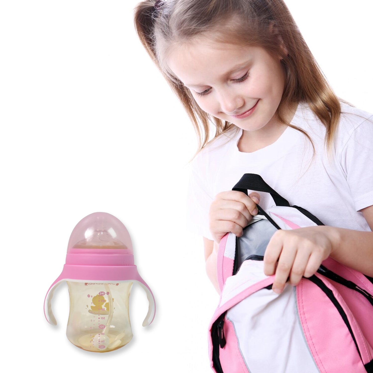 BPA-free plastic baby feeding bottle showing clear volume measurements.