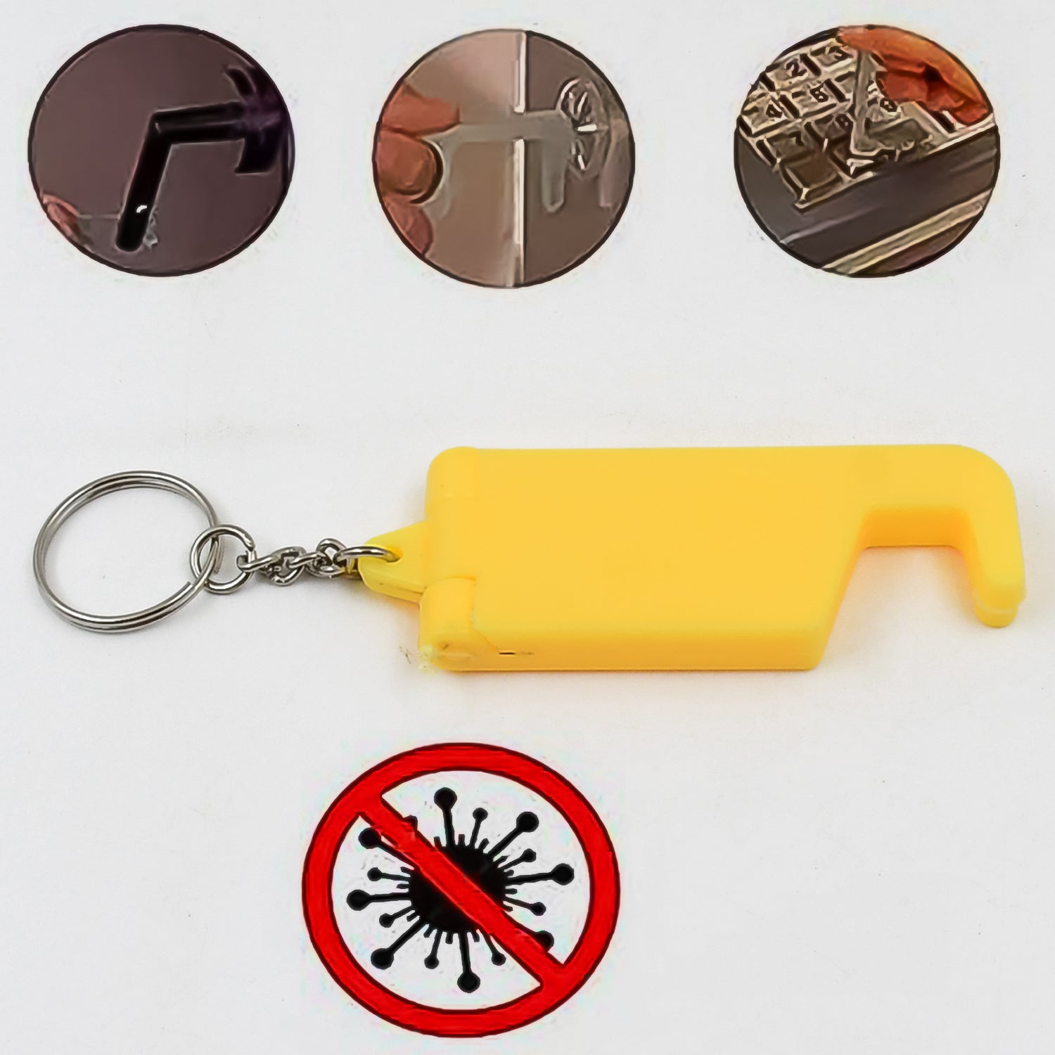 Ergonomic design of the keychain phone holder, showcasing its stable base.
