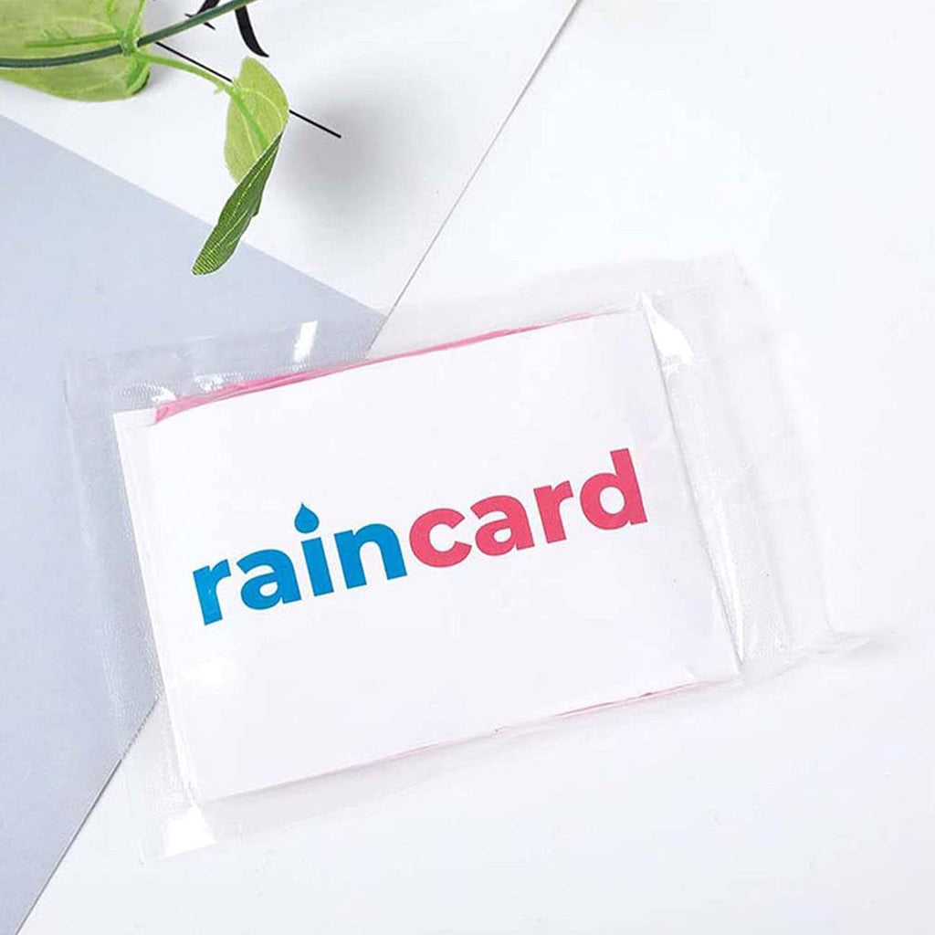 Emergency waterproof raincoat card unfolded to full size showing protection