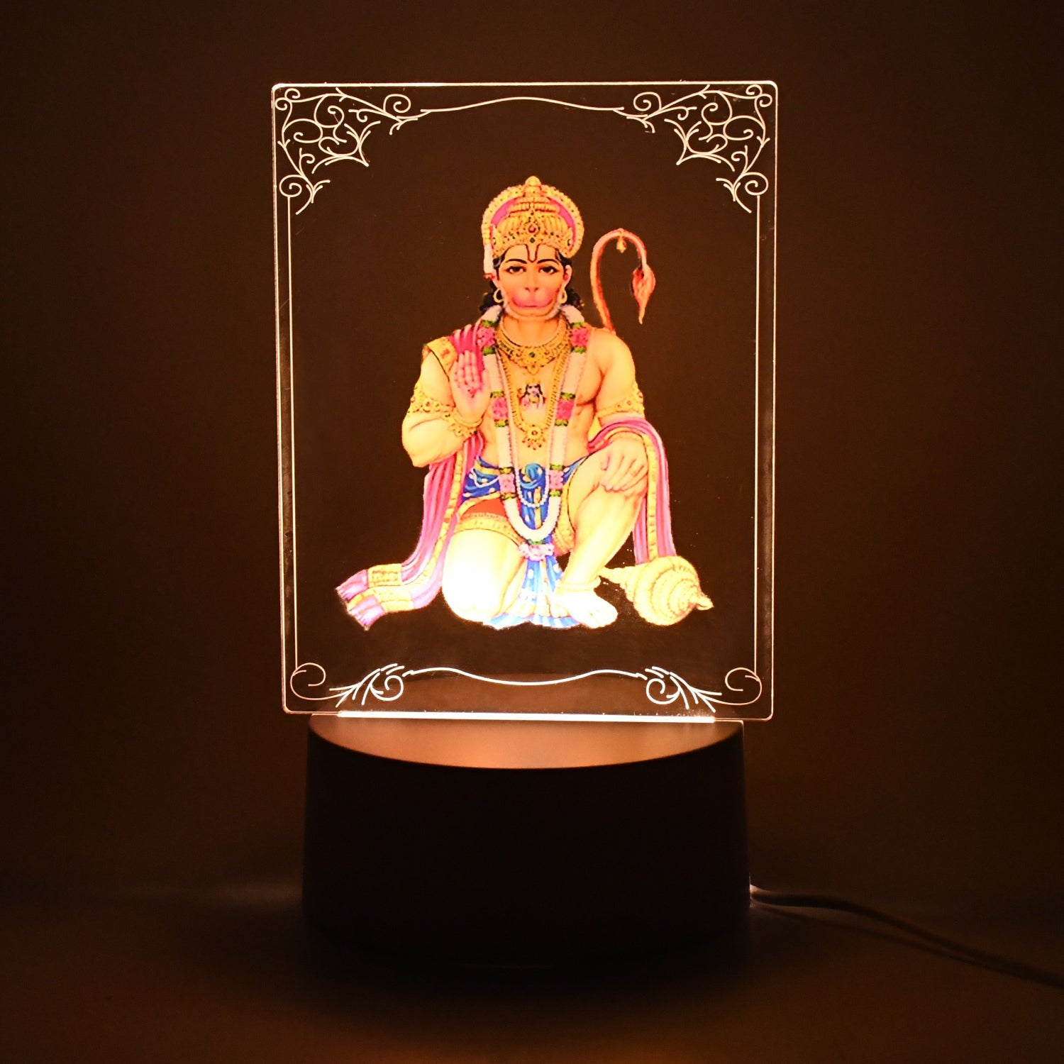 3D Lord Hanuman Frame glowing softly as a devotional LED lamp