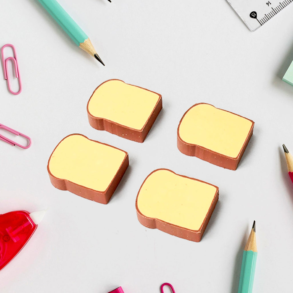 A group of toast bread erasers, showcasing the variety in the 4-piece set.