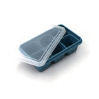 Side view of the blue silicone ice tray, emphasizing its durable construction.