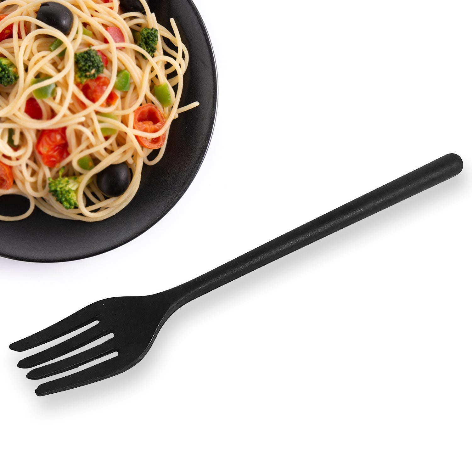 A hand holding a green silicone fork, demonstrating its ergonomic handle and heat-resistant design.