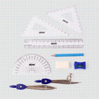 Geometry instrument box set components organized inside sturdy metal case