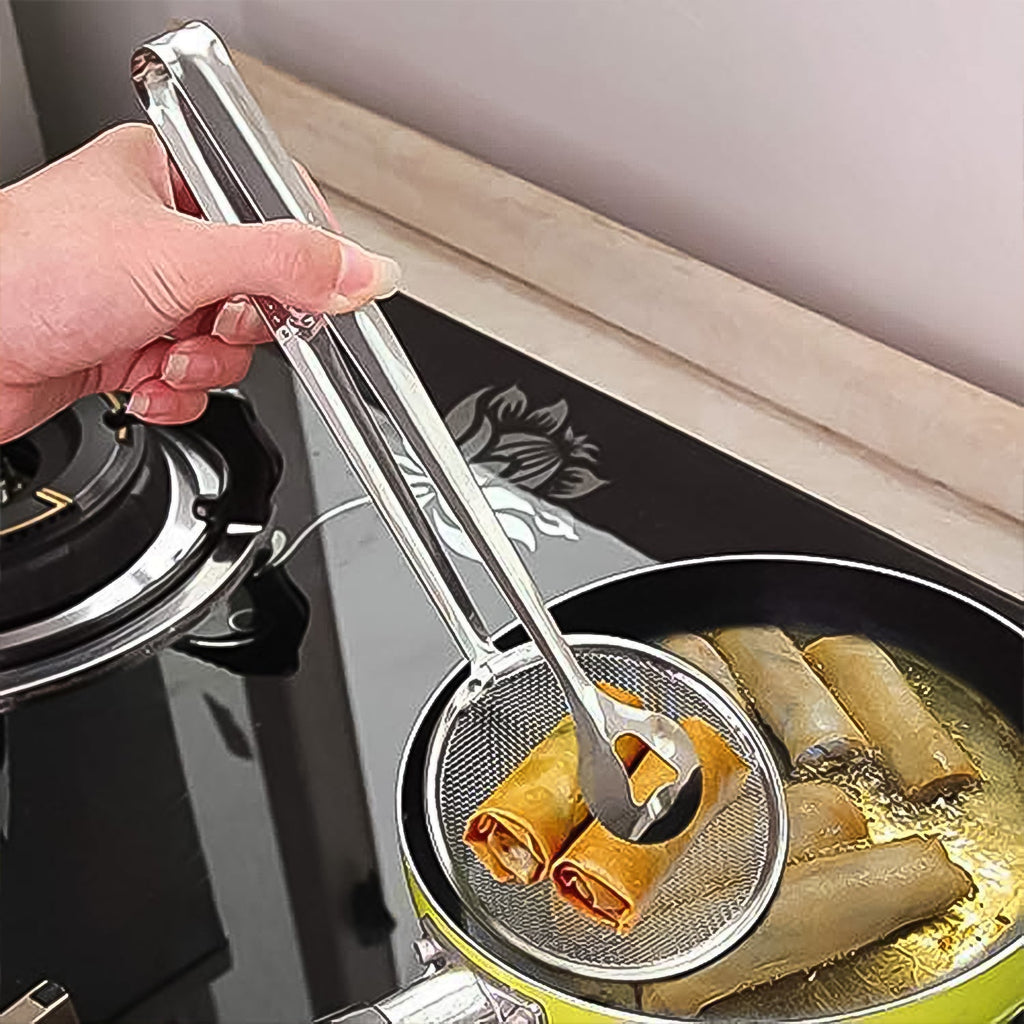 2-in-1 Stainless Steel Frying Filter Spoon with Clip for kitchen use.