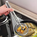 2-in-1 Stainless Steel Frying Filter Spoon with Clip for kitchen use.