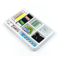 62-piece sewing kit with thread spools and essential tools displayed.