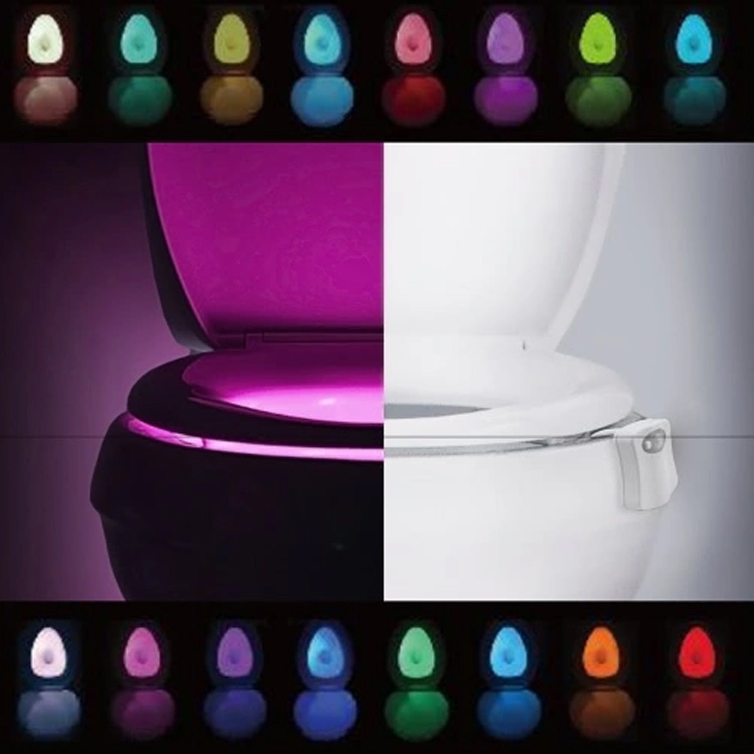 Green glow from the multi-colour LED Toilet Bowl Light in a dark bathroom.