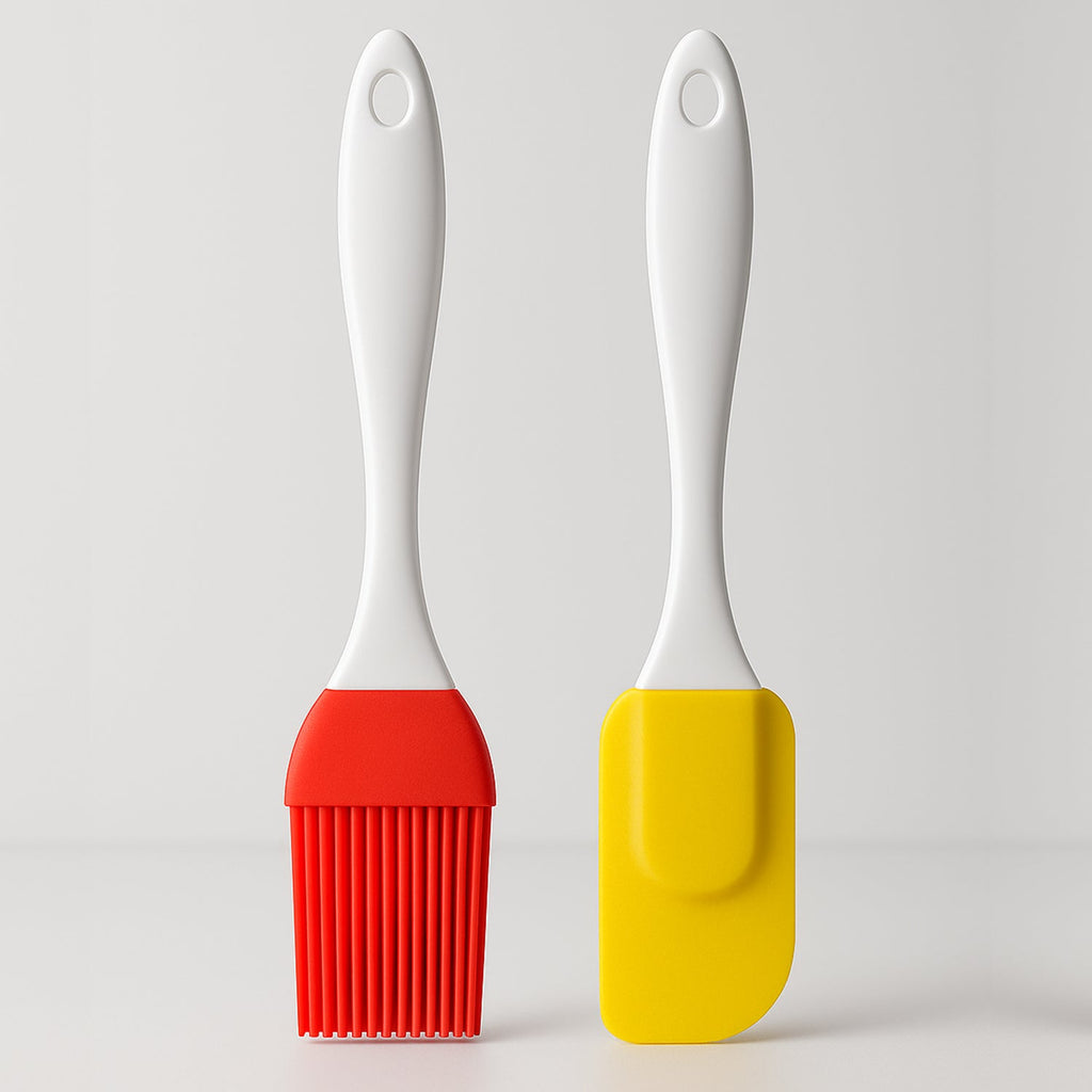 Bake & Dwell 2-piece silicone spatula and pastry brush set in its retail packaging.