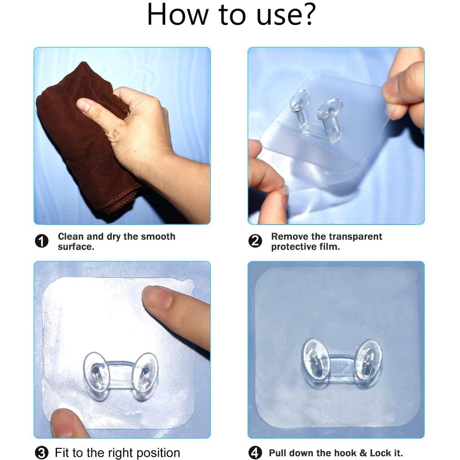 Detailed view of the strong adhesive backing of the transparent wall hook on a tiled surface.