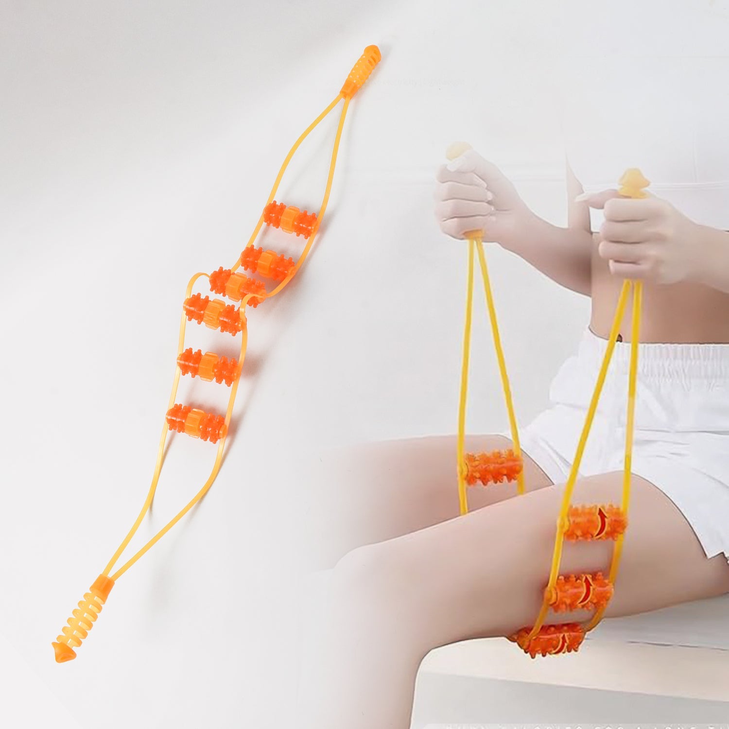 Using the handheld rope massage roller on the shoulder