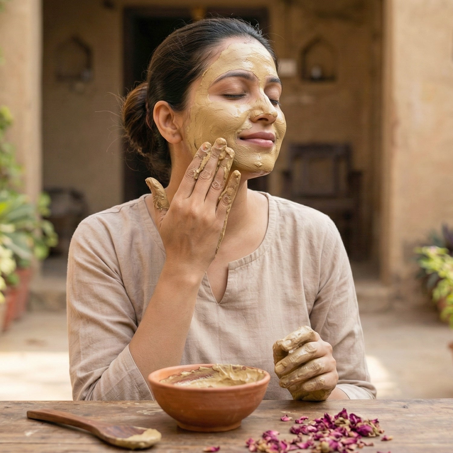 Traditional herbal face pack with Multani Mitti and sandalwood powder